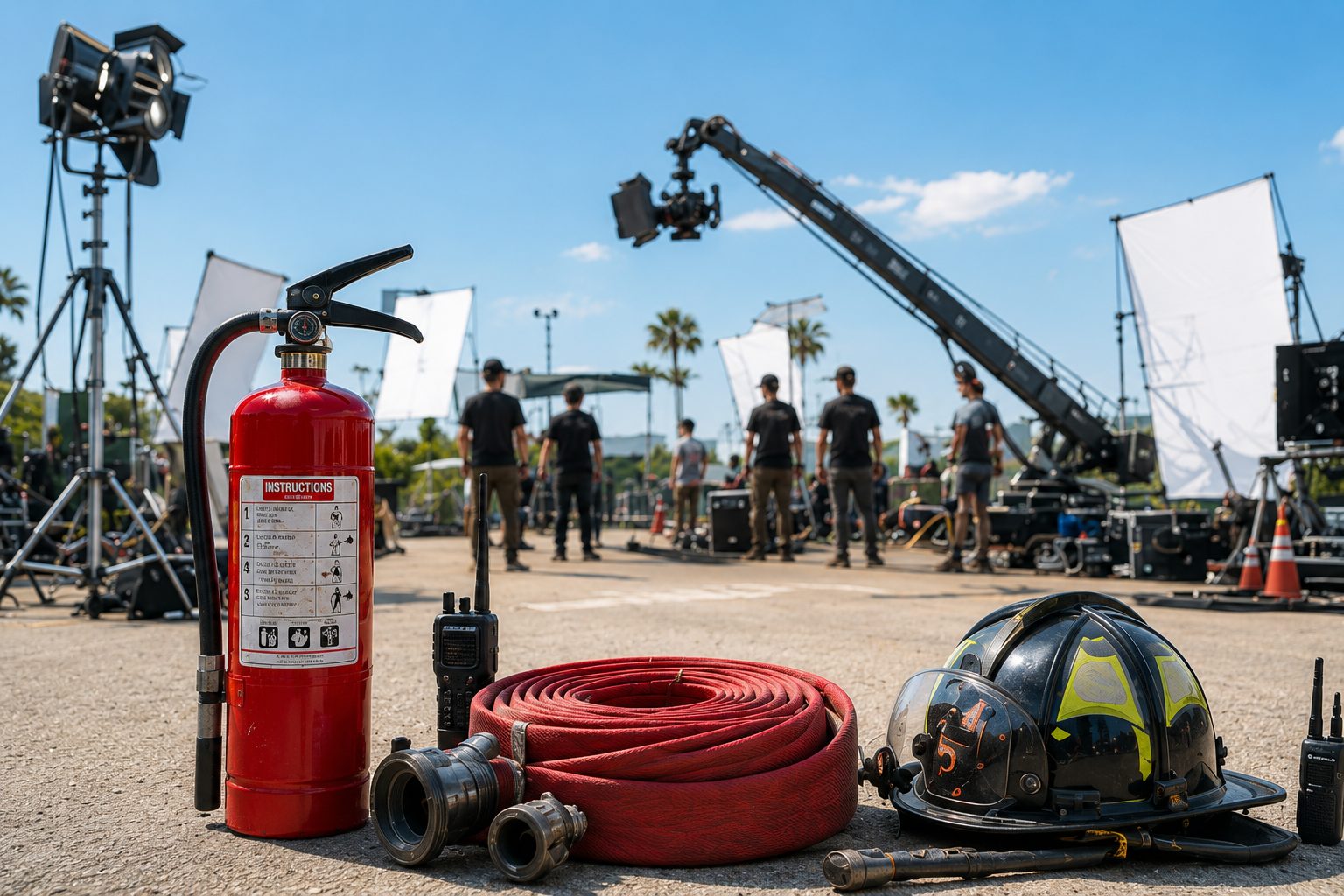 Fire safety crew walking to the fire tender on a film unit