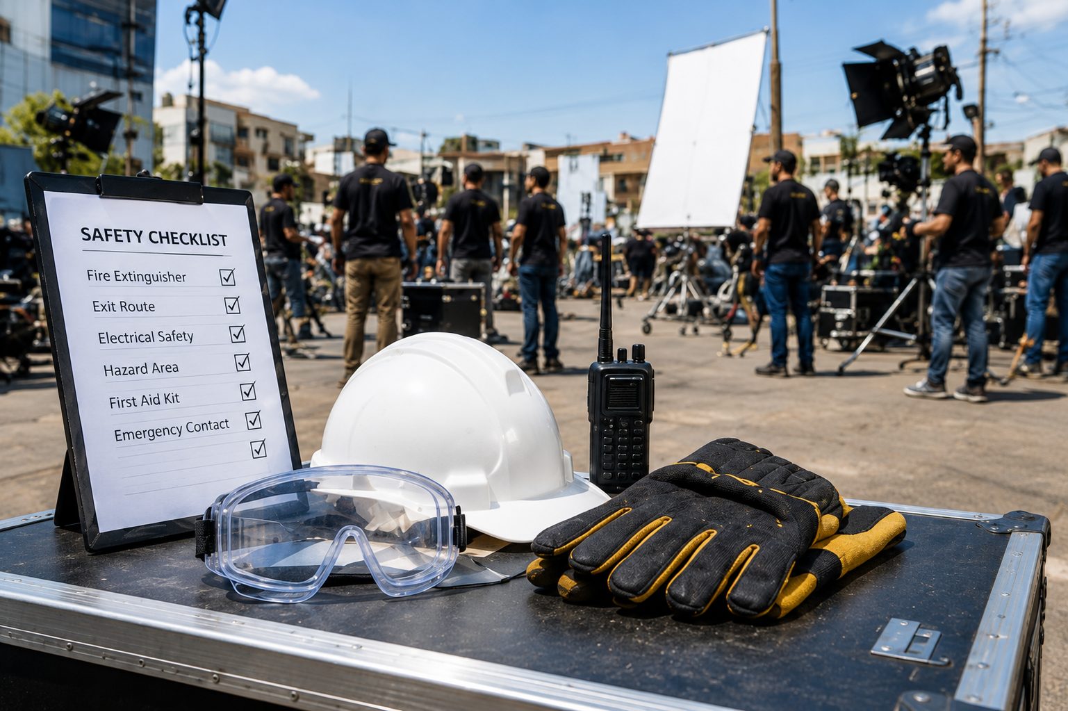 Extinguisher, hose line, nozzles and fire helmet laid out on set