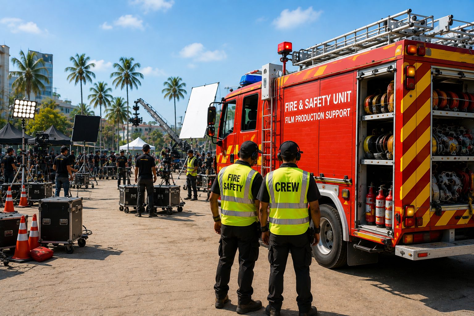 Fire and safety unit standing by beside the production tender