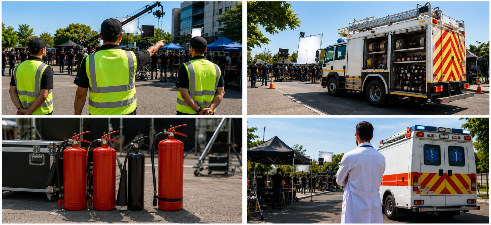 Fire marshals in hi-vis, a 5000 litre fire tender, ABC and CO2 extinguisher bank, and an ambulance with doctor standing by on a film unit