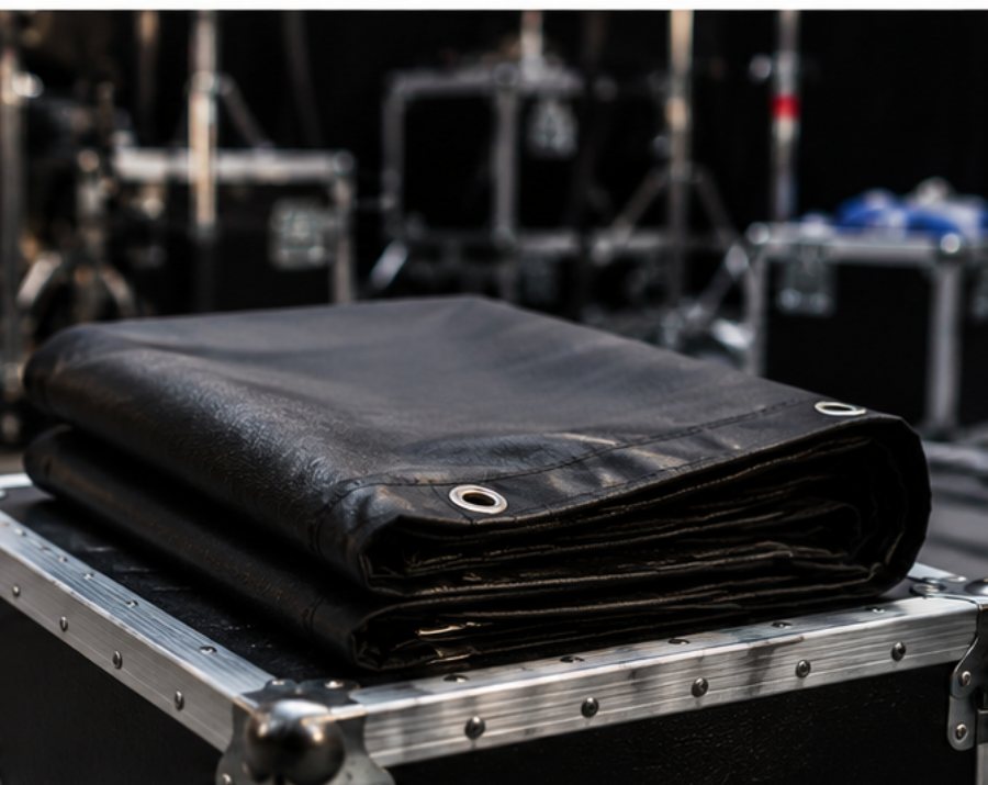 Folded 425 GSM blackout set cover on a flight case