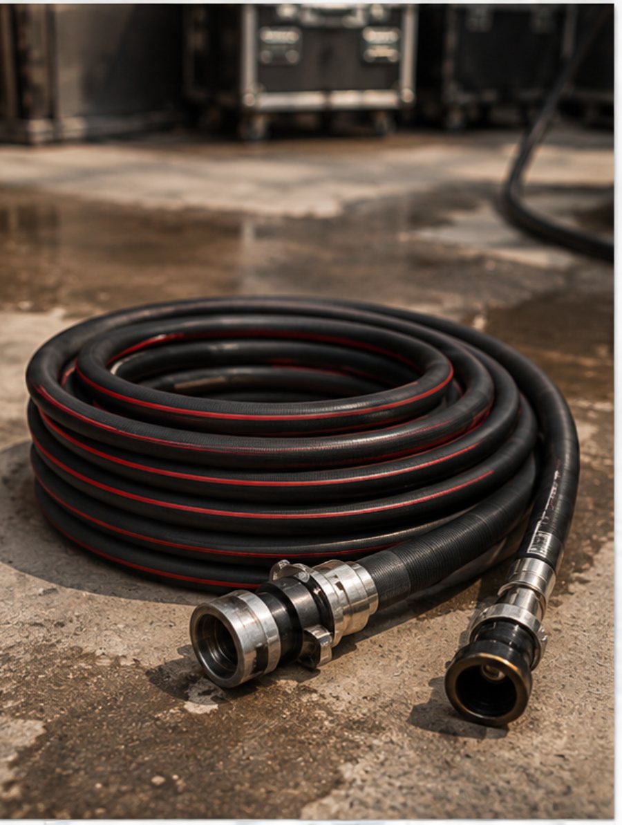 Coiled fire hose with instantaneous couplings on a studio floor