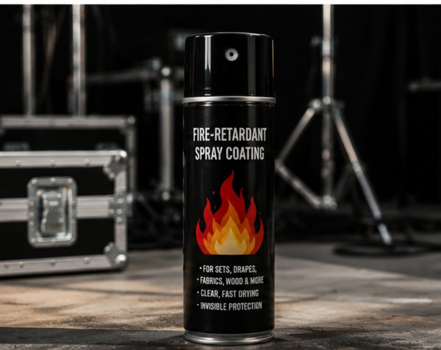 Fire-retardant spray coating can on a studio floor