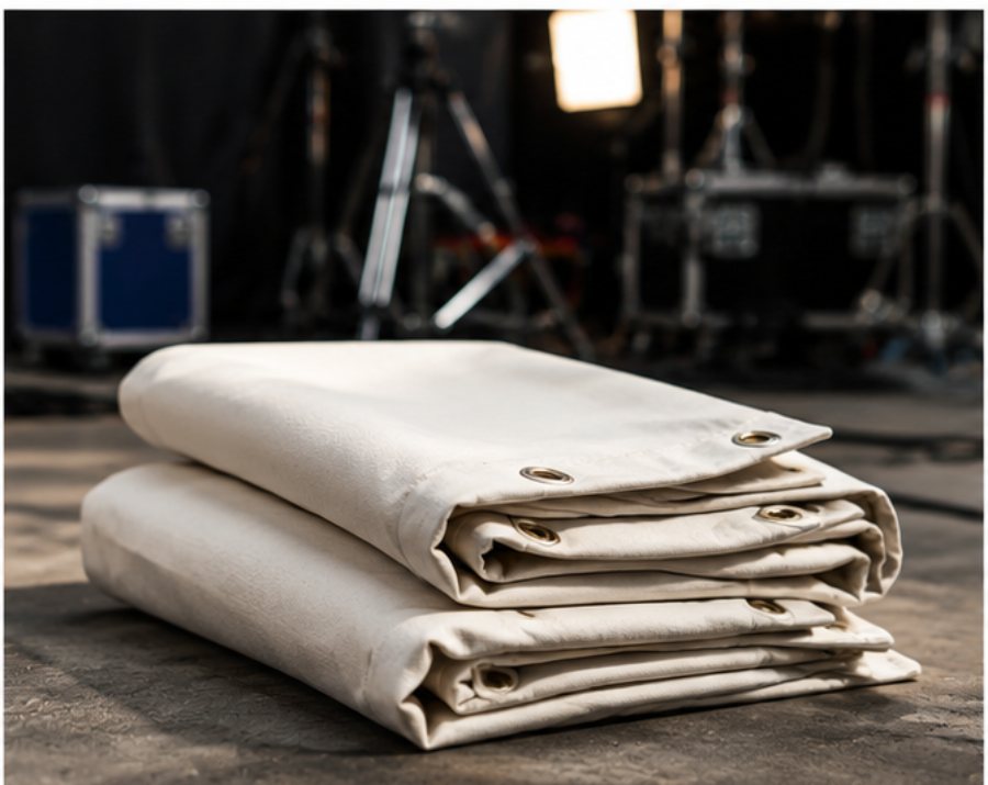 Folded ecru cotton canvas tarpaulins with brass eyelets