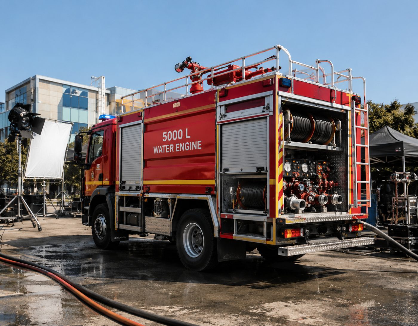 5000 litre water engine parked on a film unit with hose reels and pump panel open